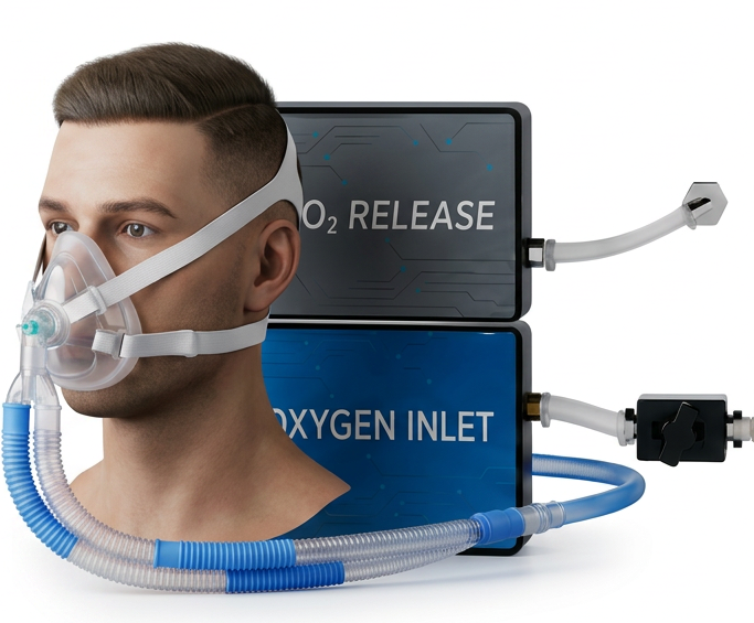 Lightweight high-flow BIBS oxygen delivery system — a user wearing a facemask connected to oxygen inlet and O2 release modules with dual-compatible tubing
