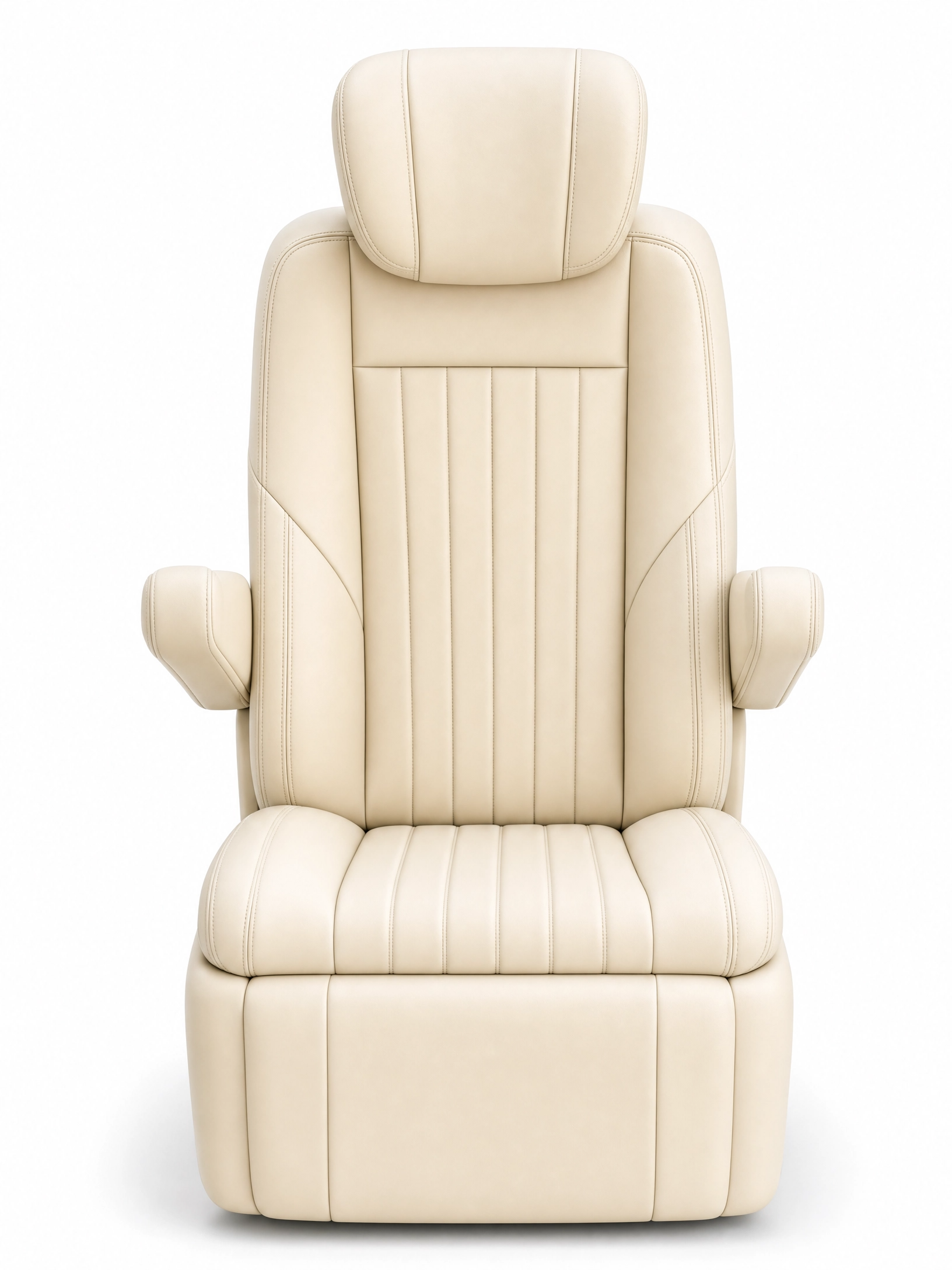 Front view of a cream leather captain's chair with vertical channel stitching, integrated headrest, and padded armrests