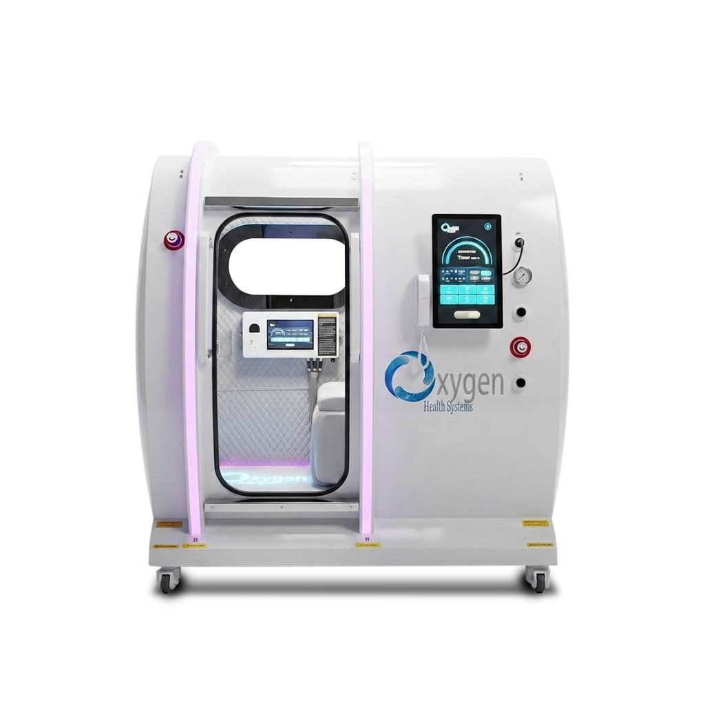 XLS34D-Mini white 34-inch diameter 2.0 ATA single-seat hard-shell hyperbaric oxygen chamber, front view with clear viewing window, sliding glass door, and external touchscreen control panel