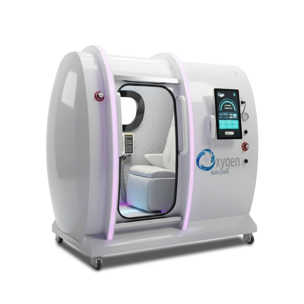 XLS34D-Mini white single-seat hard-shell hyperbaric oxygen chamber with lilac accent lighting, angled view showing the white reclining seat, viewing window, and touchscreen control panel