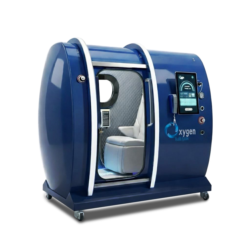 XLS34D-Mini deep navy blue single-seat hard-shell hyperbaric oxygen chamber, angled view showing the white reclining seat, viewing window, and touchscreen control panel