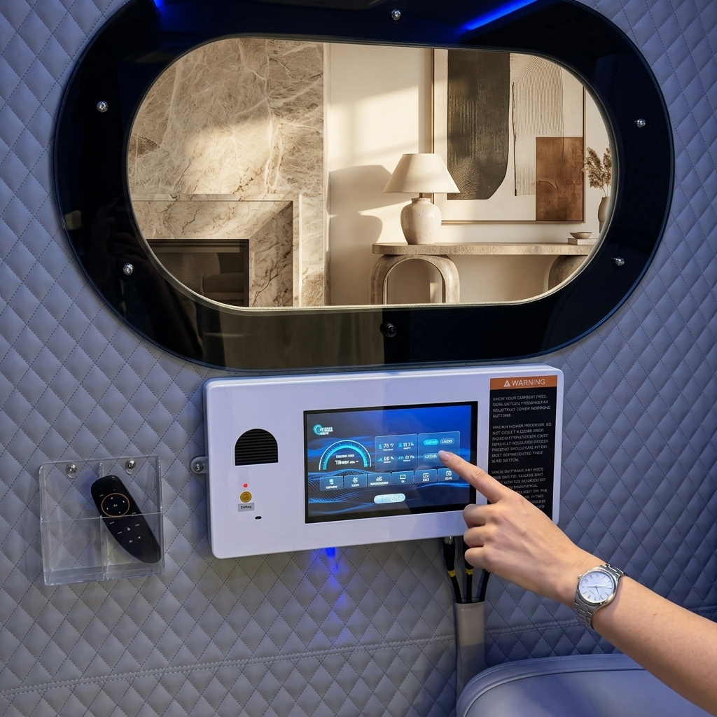User operating the XLS34D-Mini internal HD touchscreen from inside the chamber, with the quilted interior, oval viewing window, and wireless remote in its wall holder