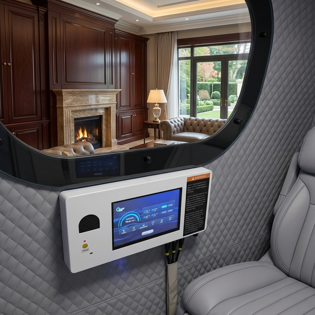 Angled interior view of the XLS34D-Mini showing the internal touchscreen control panel, quilted padded walls, oval viewing window, and premium grey reclining seat