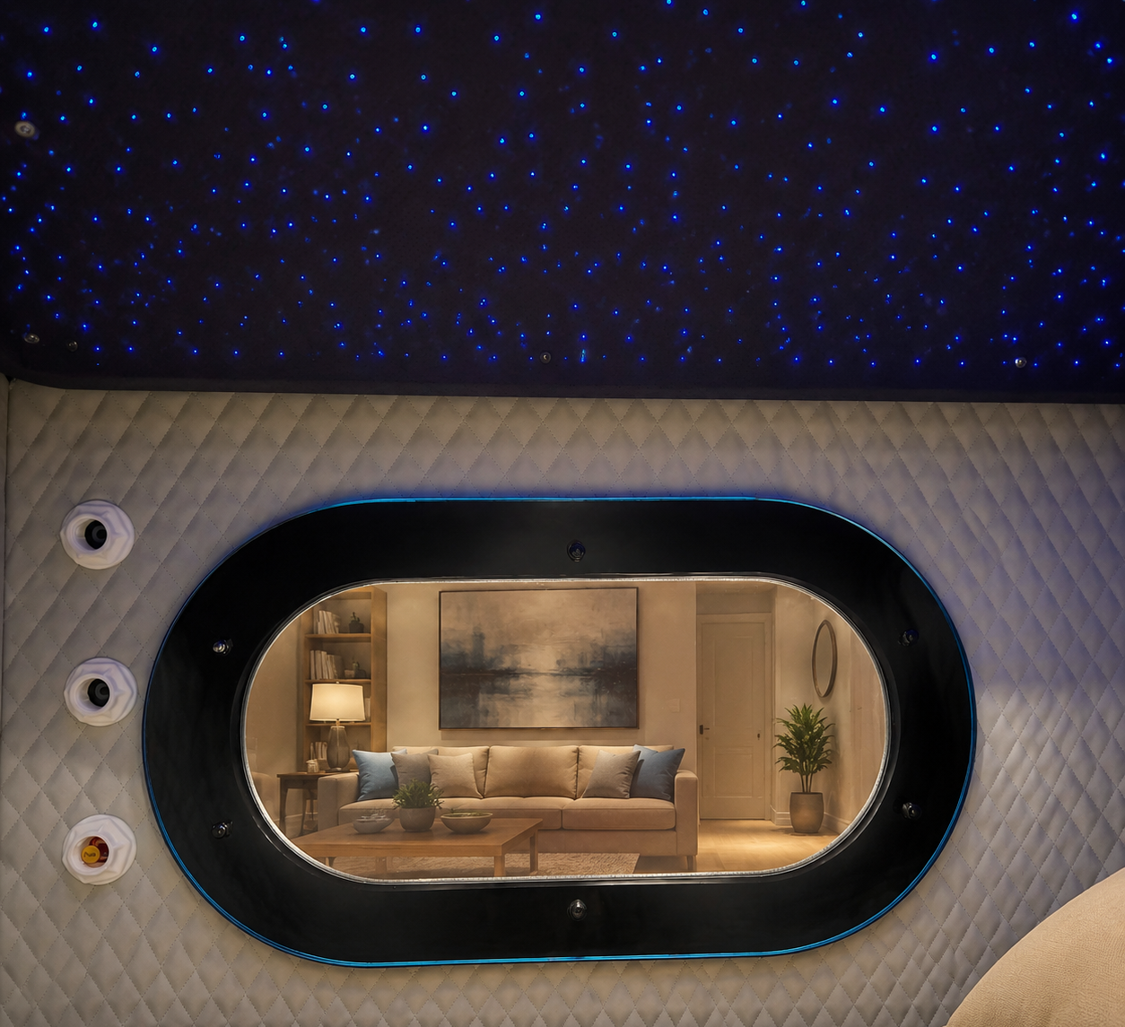 Starlight simulated ceiling inside the hyperbaric chamber — a dark navy fiber-optic panel dotted with blue LED stars above quilted interior padding and an oval viewing window reflecting a warm living room