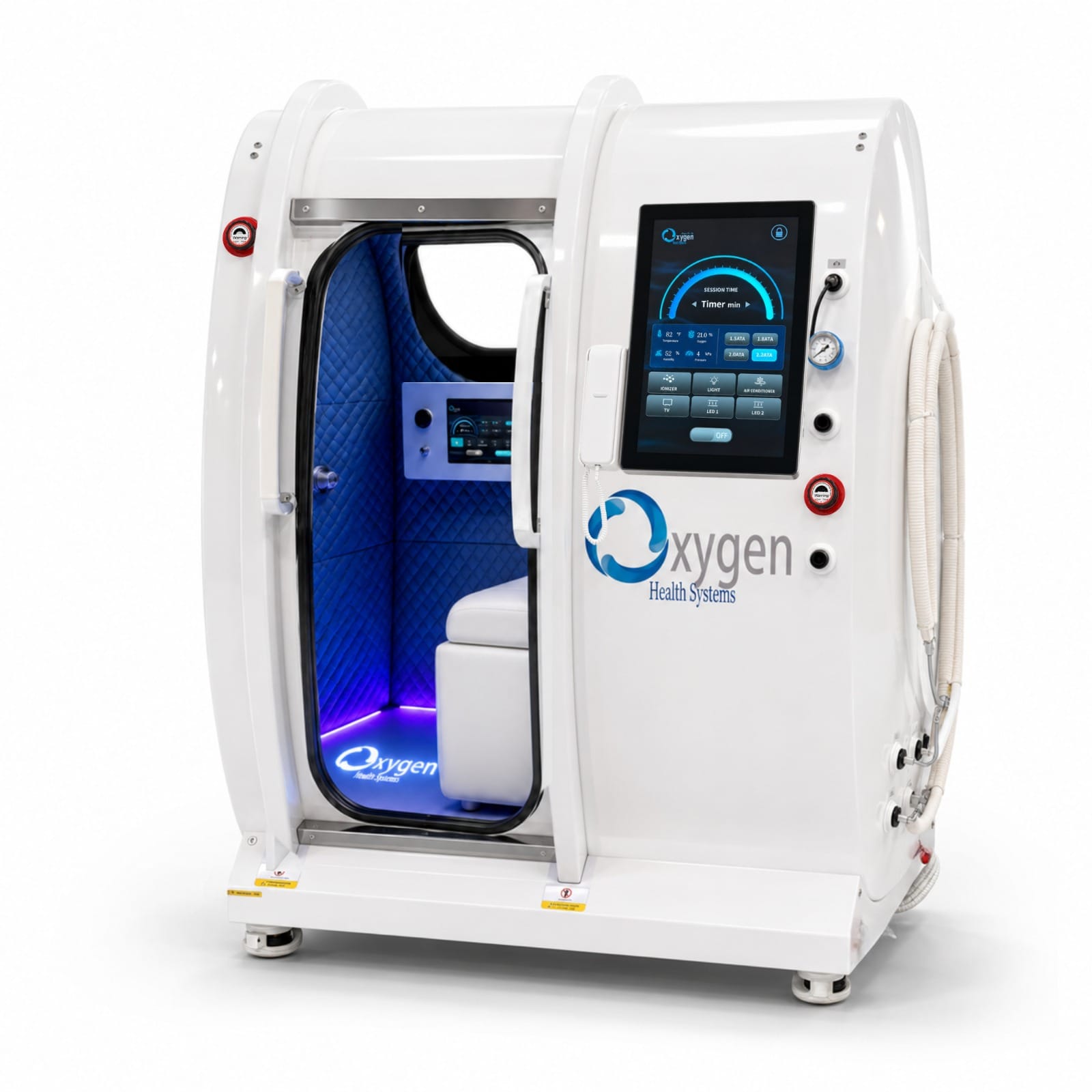 XLS34D-Mini white single-seat hard-shell hyperbaric oxygen chamber, three-quarter angled view with the door open showing the blue quilted interior, white seat, external touchscreen control panel, pressure gauge, and coiled oxygen supply hose