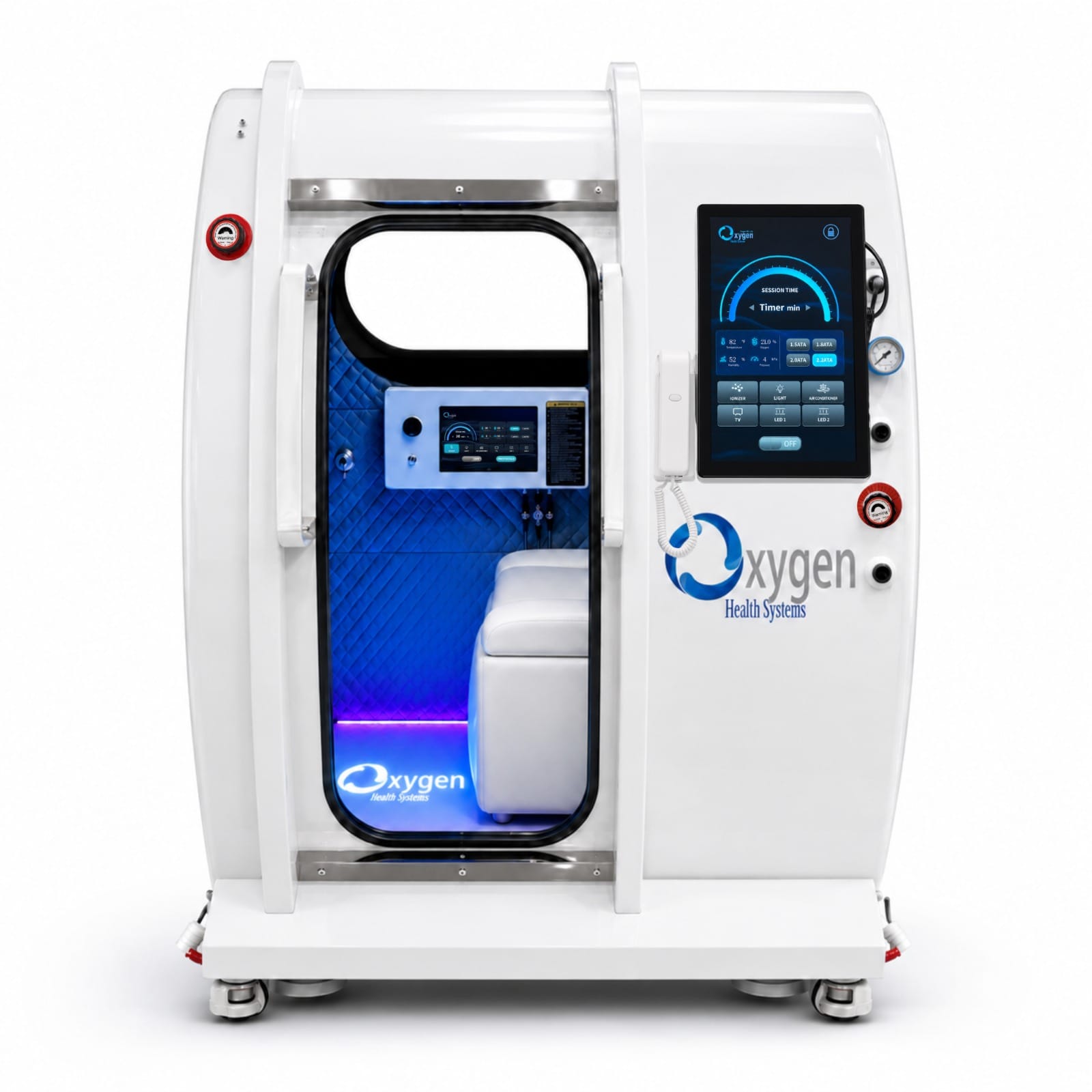 XLS34D-Mini white single-seat hard-shell hyperbaric oxygen chamber, front view with the door open revealing the blue quilted interior, white reclining seat, internal touchscreen, and large external touchscreen control panel