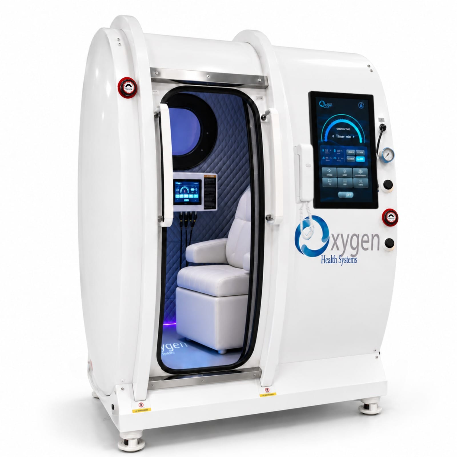 XLS34D-Mini white 34-inch diameter 2.0 ATA single-seat hard-shell hyperbaric oxygen chamber, angled view with the door open showing the blue quilted interior, premium white reclining seat, internal and external touchscreen control panels, and pressure gauge